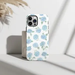 Blue Hydrangea Floral Coastal Preppy Cute Smartphone Case, Cellphone Accessory, Handheld Shell Compatible with iPhone 11, 12, 13, 14, 15, 16, 17 Pro, Max, Air, Plus
