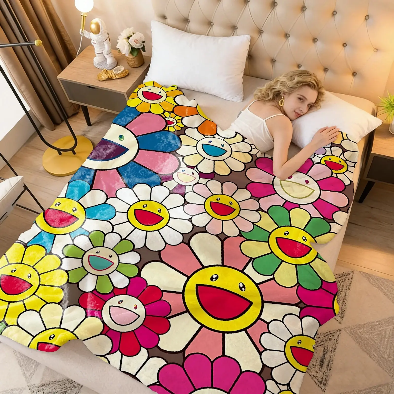 Takashi Murakami Sunflower Knee Blanket Throw Blankets for Winter Microfiber Oversized Baby Lightweight Fleece Sofa Decoration