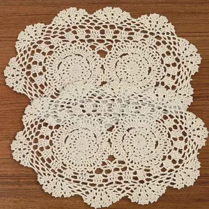 Beige Lace Doilies 2Pcs Handmade Cotton Crochet Doilies Placemats Knitted Coasters Oval Shape Doily for Furniture Table Overlay, 9.8 x 13.8 inch