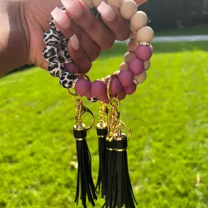 Burgundy/Beige/Cheetah Print Wristlet Keychain