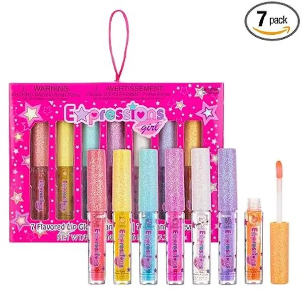 7pc Fruity Flavored Lip Gloss Set - Assorted Fruit Flavor-Great Gift | Non-Toxic Kids Makeup. Fun Shiny Lip Gloss Collection for Kids, Teens & Girls - Sweet & Glossy Lip Care