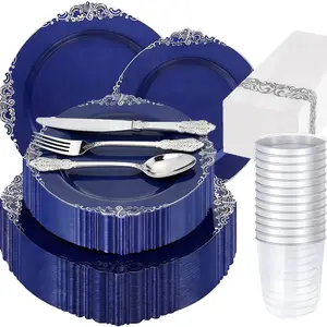 95-Piece Blue Silver Plastic Dinnerware Set, Elegant Tableware Kit for 10 Guests, Includes Plates Cutlery Napkins Cups, Perfect for Parties Festivals, Dinner Sets