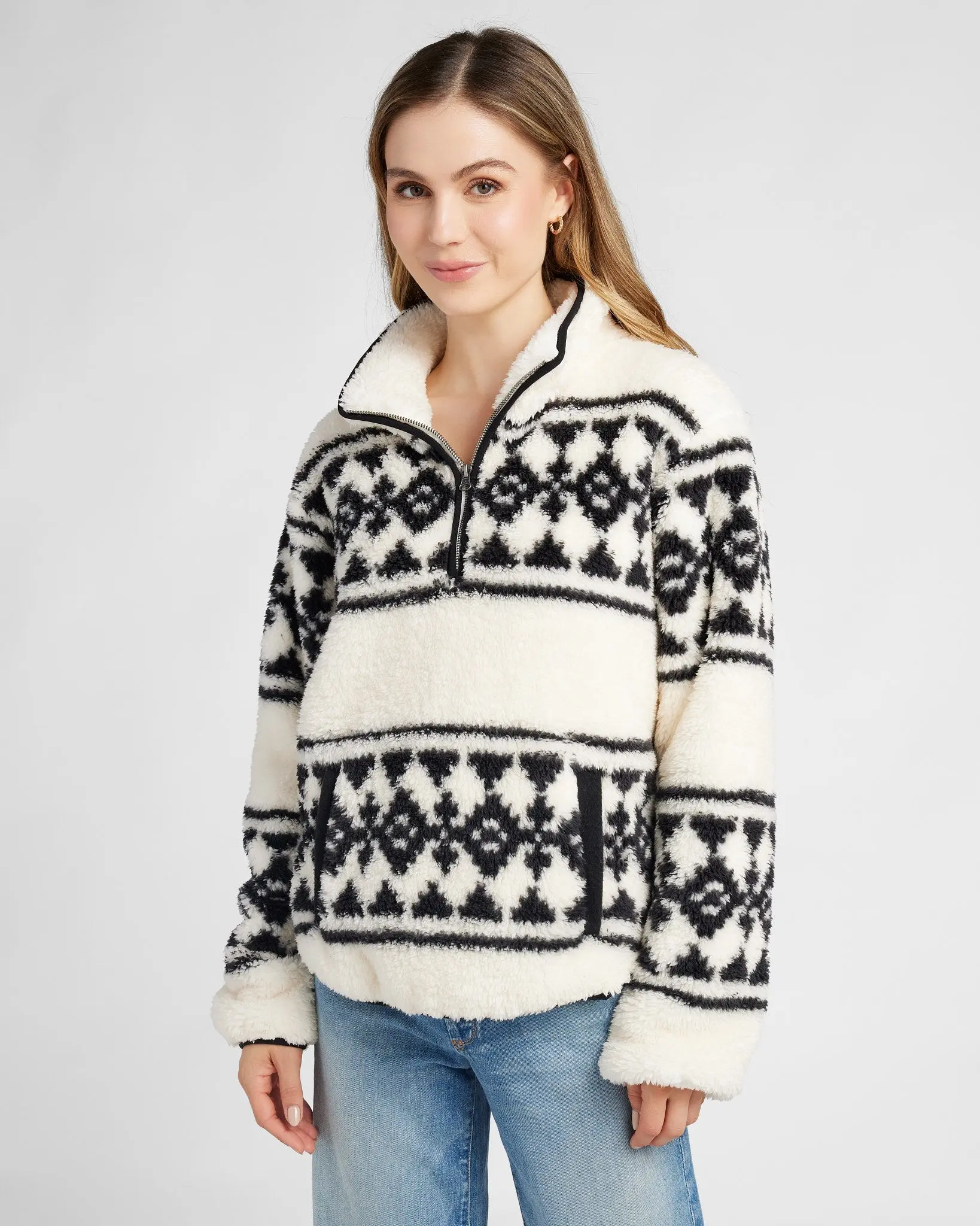 Women's Printed Sherpa Quarter-Zip Hoodie, Casual Tops, Comfortable Sweatshirts, Kangaroo