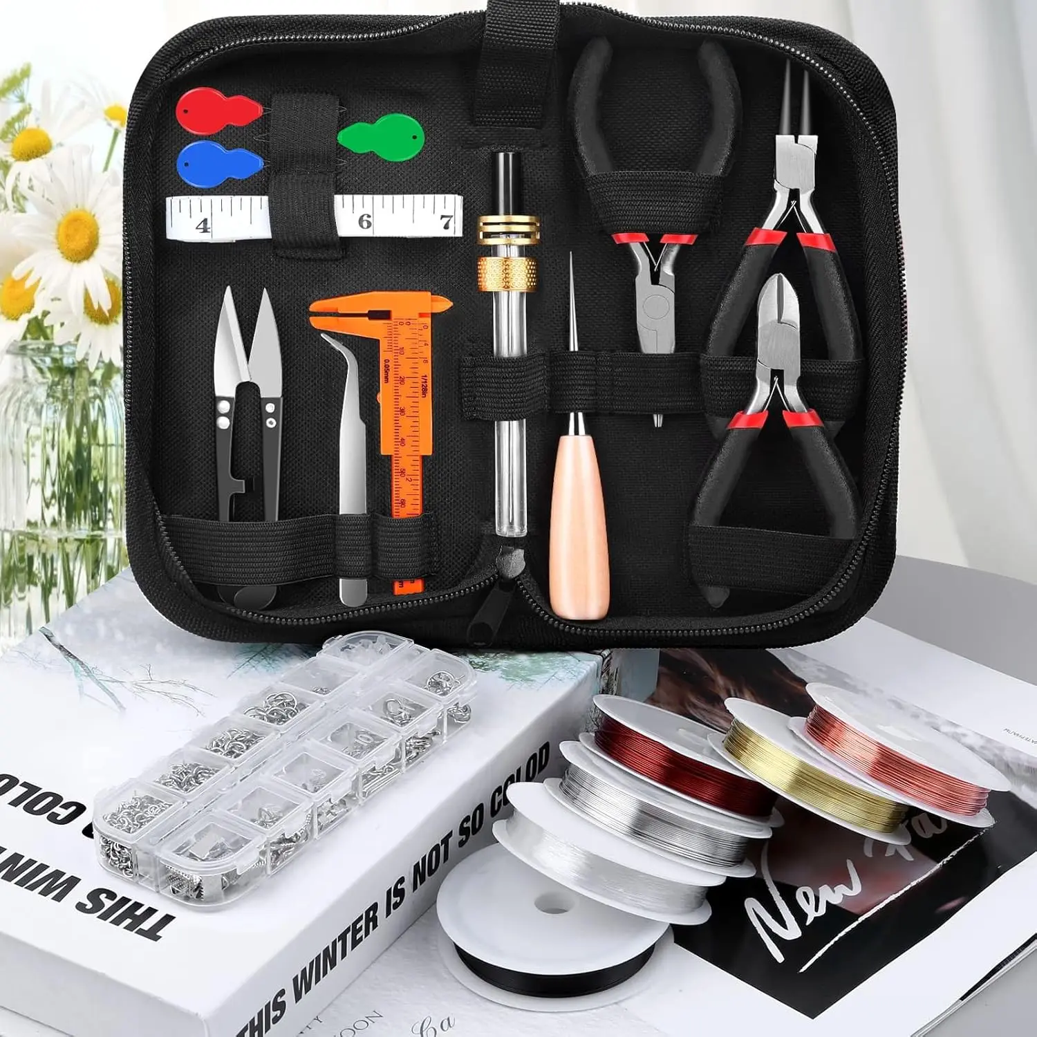 DIY Jewelry Making Supplies Kit - Wire Wrapping Tools, Beading Cord, Jewelry Clasps & Closures, Copper Wire, 1 Caliper & Accessories for Earrings, Bead Art, Beaded Bracelets, Diy Bead Art