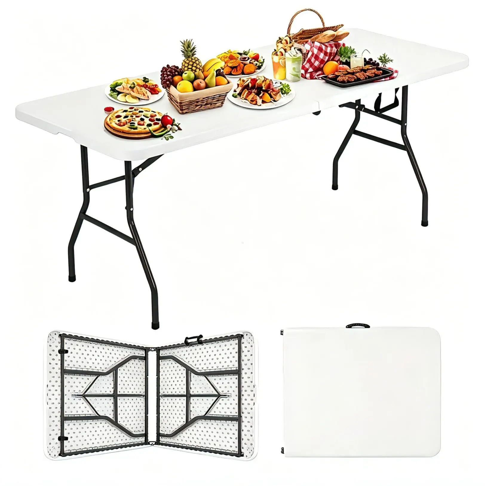 8Ft Foldable Plastic Portable Table with Handle & Lock - Heavy Duty, Waterproof Top, Pre-Assembled Fully Assembled for Camping, Party - White,home decor,camping essentials