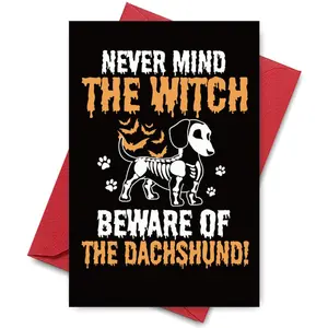 Beware the Dachshund Halloween Card - Skeletal Wiener Dog with Fluttering Orange Bats & Bloody Paw Prints, Dripping 'NEVER MIND THE WITCH' & 'BEWARE OF THE DACHSHUND!' Text on Black, Perfect for Halloween, Perfect Gift for Wiener Dog Enthusiasts