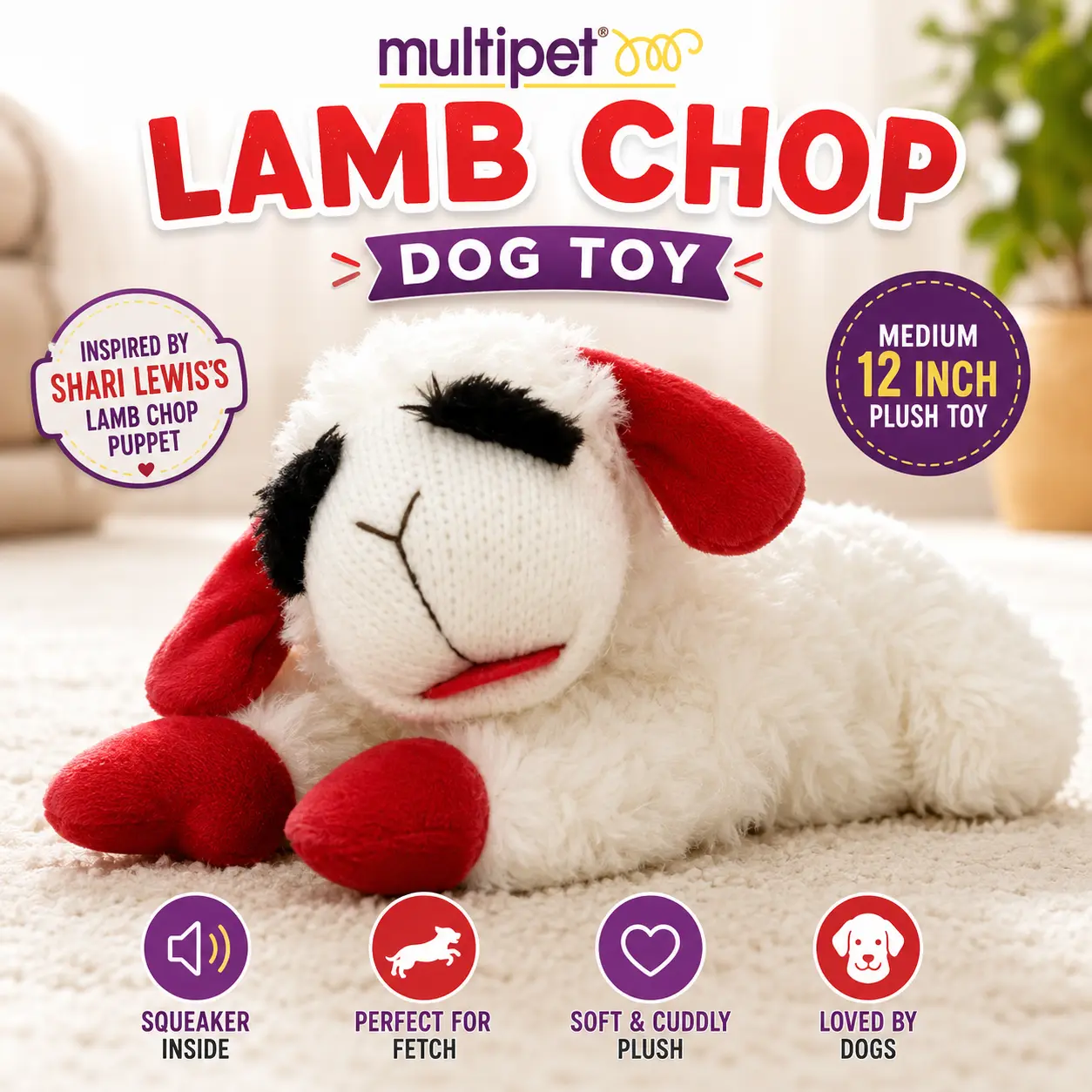 Multipet Plush Medium Lamb Chop Dog Toy with Squeaker Interactive Chew Durable Chew