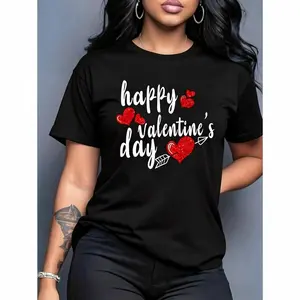 Women's Valentine's Day Pattern T-shirt, red sequin heart-shaped arrow design |           Casual short-sleeve T-shirt, perfect for Valentine's Day celebrations and as a gift for girlfriends and loved ones