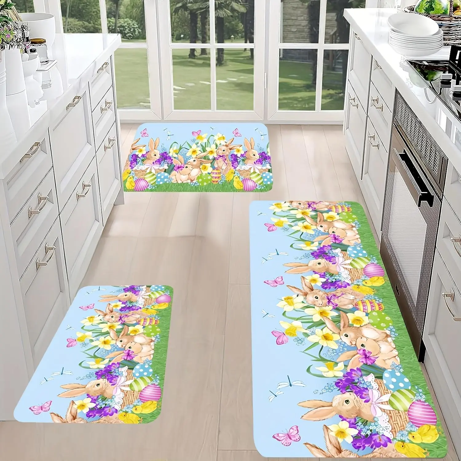 2/3pcs Easter Bunny And Eggs Flannel Kitchen Mats - Spring Summer, Outdoor Theme, Fade-Resistant Washable Polyester Rugs, Suitable for Sink, Bedroom, Living Room, Dining Room - Easy-Clean Home Decor Items