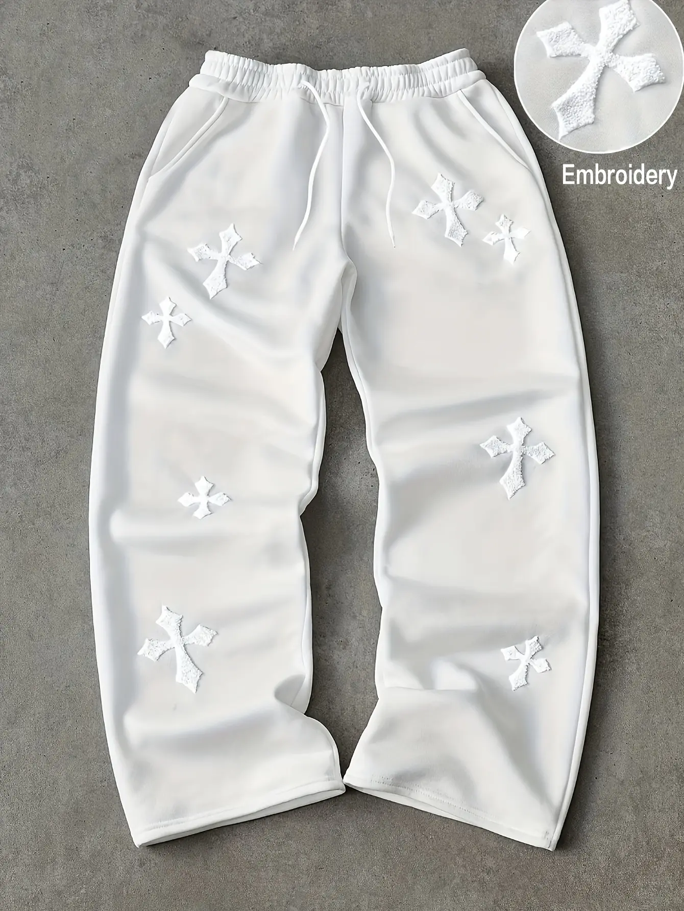 Men’s American high-street wide-leg sweatpants with cross embroidery, available in 3 colors; straight-cut, relaxed fit, floor-length athletic joggers sold individually.