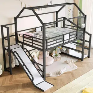 Bellemave  House Loft bed with Slide and Stairs, Metal Playhouse Bed with Storage Shelves, House-shaped Roof and Noise-free Design Playful