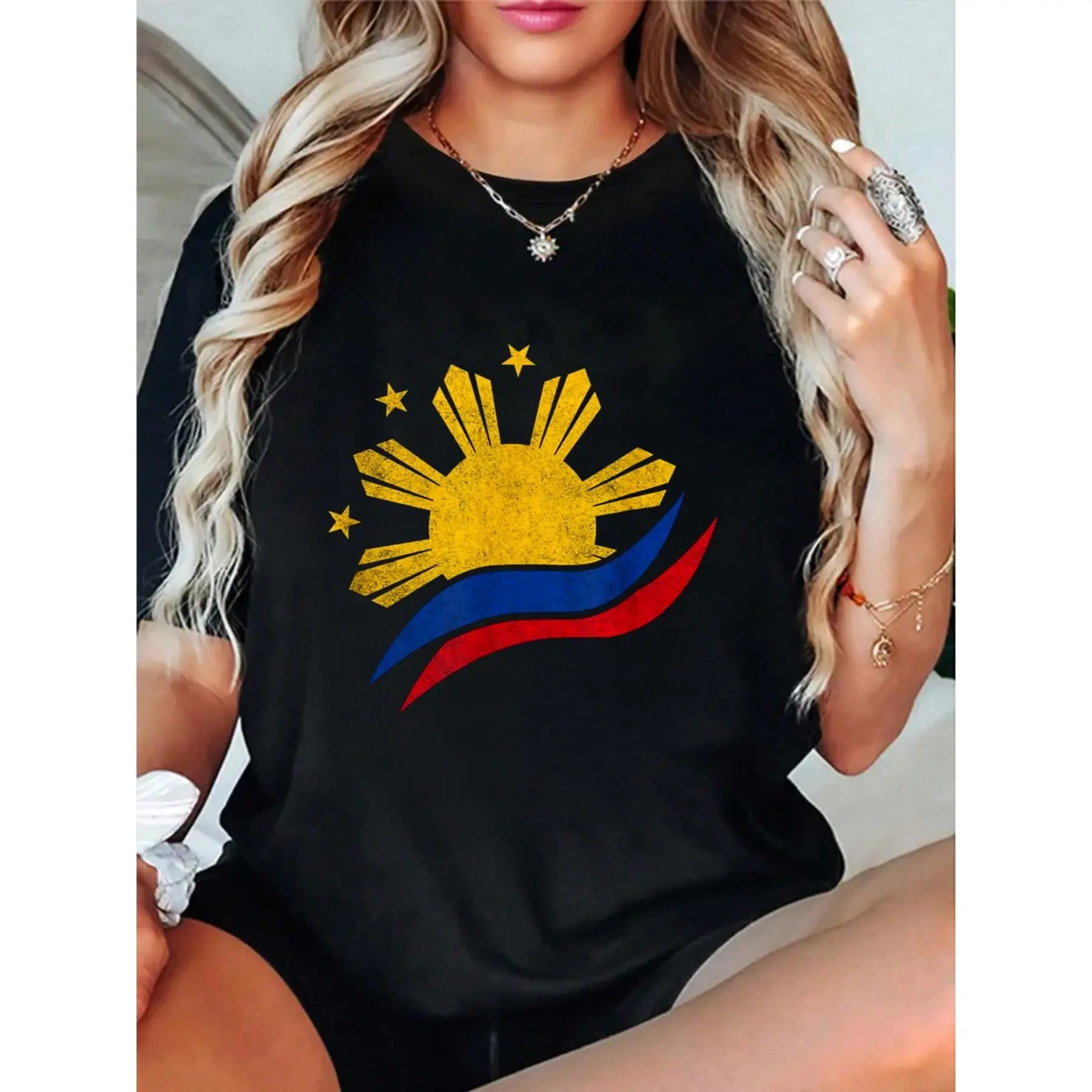 Women's 100% Cotton Knitted Round Neck Short-Sleeve Top - Philippine Pinoy Pride Sun Stars Graphic Tee, Casual, Soft, Breathable, Loose Fit, Streetwear Daily Wear, Shortsleeve, Fabric, Tshirt, Flower