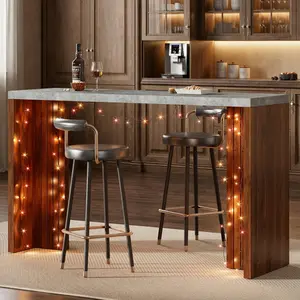 Garvee 55" T-Shaped Leg Bar Table - Counter Height Pub Table with Faux Marble Top, Modern Rectangular Home Bar Unit for Kitchen, Dining Room, Living Room，Gray+Walnut