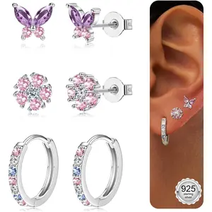 3 Pairs 925 Sterling Silver Earrings for Women Grils Hypoallergenic Silver/Gold Stud Hoops Earrings Set Dainty Studs Huggies Earings Flower Butterfly Earrings Sets for Multiple Piercings