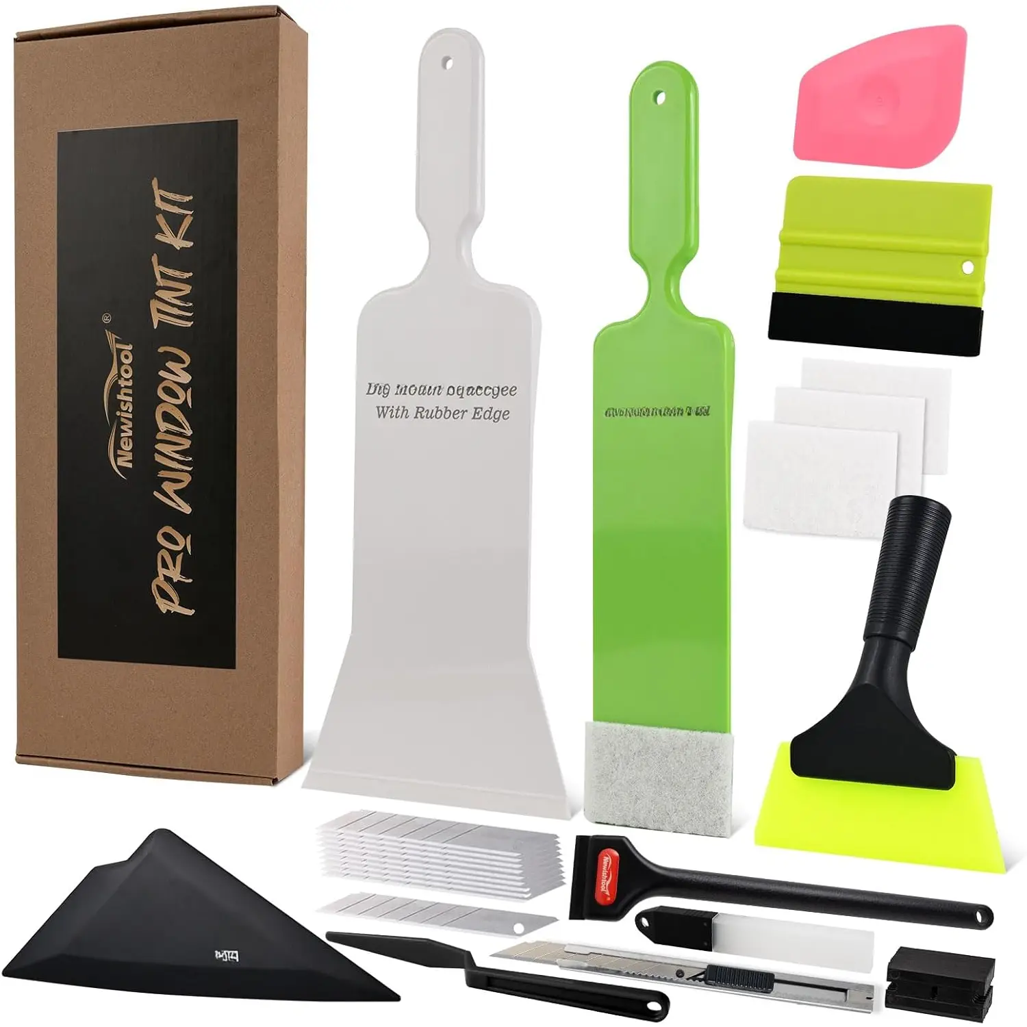 Automotive Window Tinting Tool Kit for Windshield/Rear Glass Film Installation & Glass Cleaning - Includes Rubber Bulldozer, Felt Accessory, Red Carbon Steel Tool, Pink Hard Scraper, Small PPF Aid, Utility Implement, Vinyl Wrap Helper