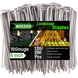 WOEDEN 6" Galvanized Landscape Staples 10 Gauge U-Shaped Garden Stakes for Weed Barrier Durable Growing Tray Drip Irrigation & Holiday Decorations 120/200 Pcs