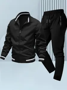 Men's Two-Piece Sports Set, Workout Sets, Athleisure Activewear Set, Casual Stand Collar Zipper Jacket + Elastic Waist Tight-Fit Pants, Lightweight Spring Fall Athletic Wear