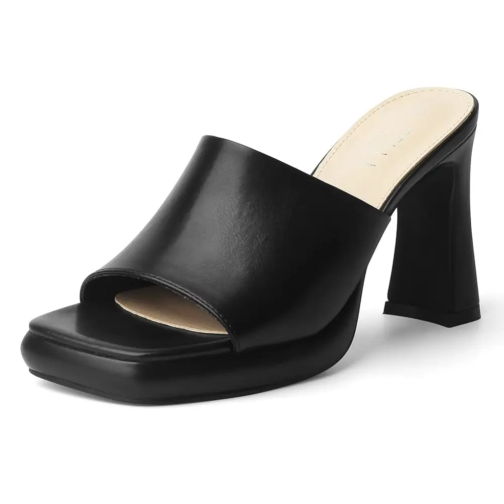 MUSSHOE Women's Chunky Block Heel Platform Sandals, Open Toe Slip-On Mules, Faux Leather Height Increasing Footwear, Open Toe Sandals, Height Increasing Women's Sandals