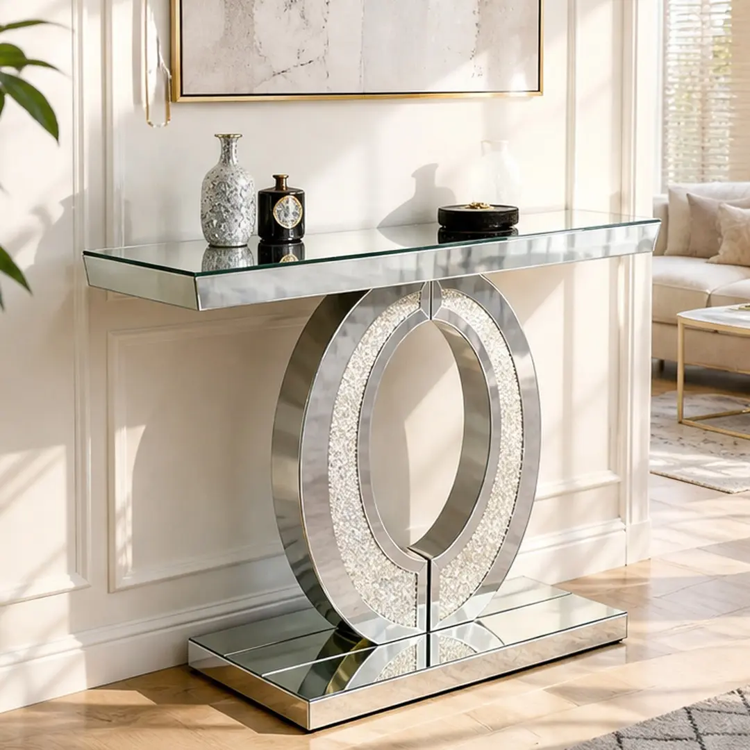 ARCH Modern Silver Mirrored Crushed Diamond Freestanding Pedestal Console Table - Large Rectangle MDF+Glass Furniture, Glossy Finish, Requires Assembly, 11.61" W x 39.37" D x 31.50" H, for Living Room, Offices, Tip: Avoid Abrasive Cleaners, All Necessary