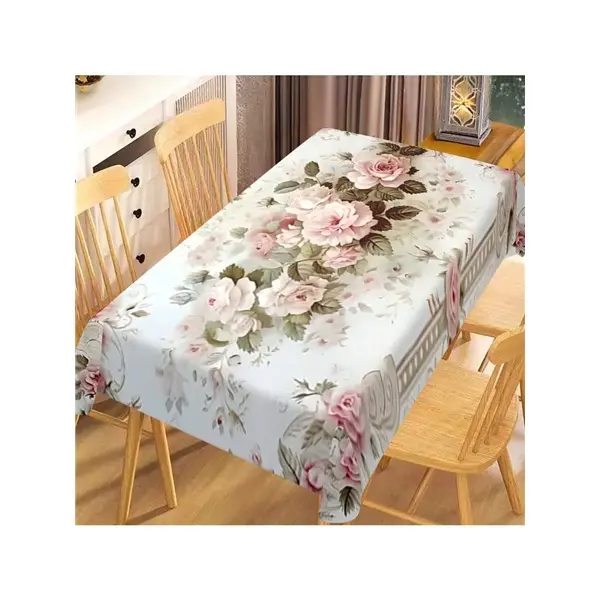 Vintage rose floral tablecloth, elegant polyester dining table cover with romantic pink flower print, farmhouse rectangular tablecloth for kitchen, dining room, wedding party, home decor, vintage farmhouse tablecloth for kitchen buffet,