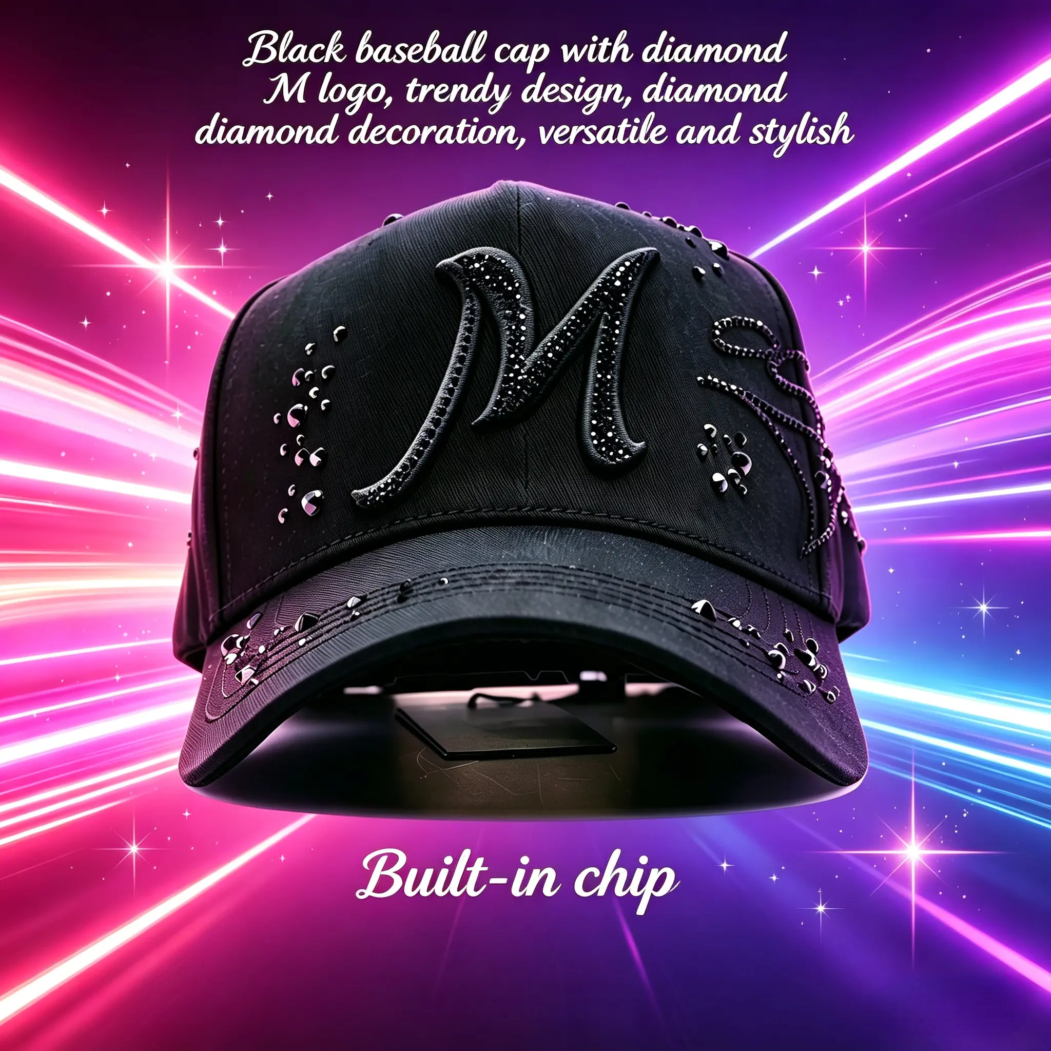 Black Full-Rhinestone Street-Style Baseball Cap — Embellished & Embroidered Hip-Hop Flat-Brim Hat, Unisex Adjustable Urban Streetwear Headwear Flat Brimmed Cap Flat Bill Hat