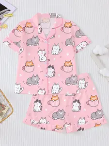 Girls' New Cute Cat 2-Piece Cartoon Print Pajama Set, Kitty Print Short Sleeve Elastic Shorts, Fire Retardant Lapel Top, Casual Home Wear, Cartoon Print Sleepwear