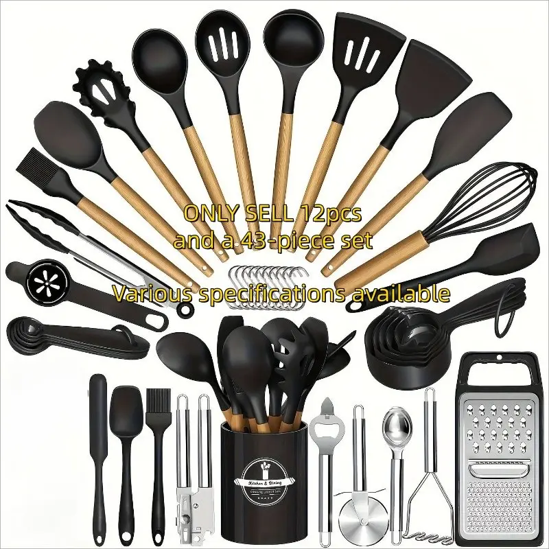 43-Piece Silicone Kitchen Utensils Set, Non-Stick BPA-Free Non-Toxic Cooking Tools with Wooden Handles, Heat-Resistant and Easy to Clean, Perfect Gift Idea, Spatula Kit