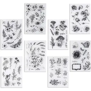 8 Sheets Flower Clear Stamps for Card Making, Silicone Stamps for Crafting, Clear Rubber Stamps with Vintage Flowers Plants for Decoration and DIY Scrapbooking