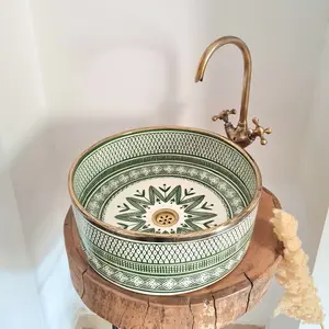 Serene Verde Custom Made Green Ceramic Sink with Brass Rim - Bathroom Vanity Centerpiece for Eco-Friendly Decor