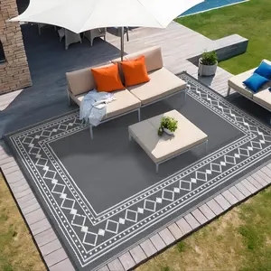 GARVEE Outdoor Rug Waterproof for Patio Decor 9x12 Reversible Plastic Straw Carpet, Outside Camping Mats for Outdoor Decor, RV, Backyard, Deck, Balcony, Picnic, Grey & White