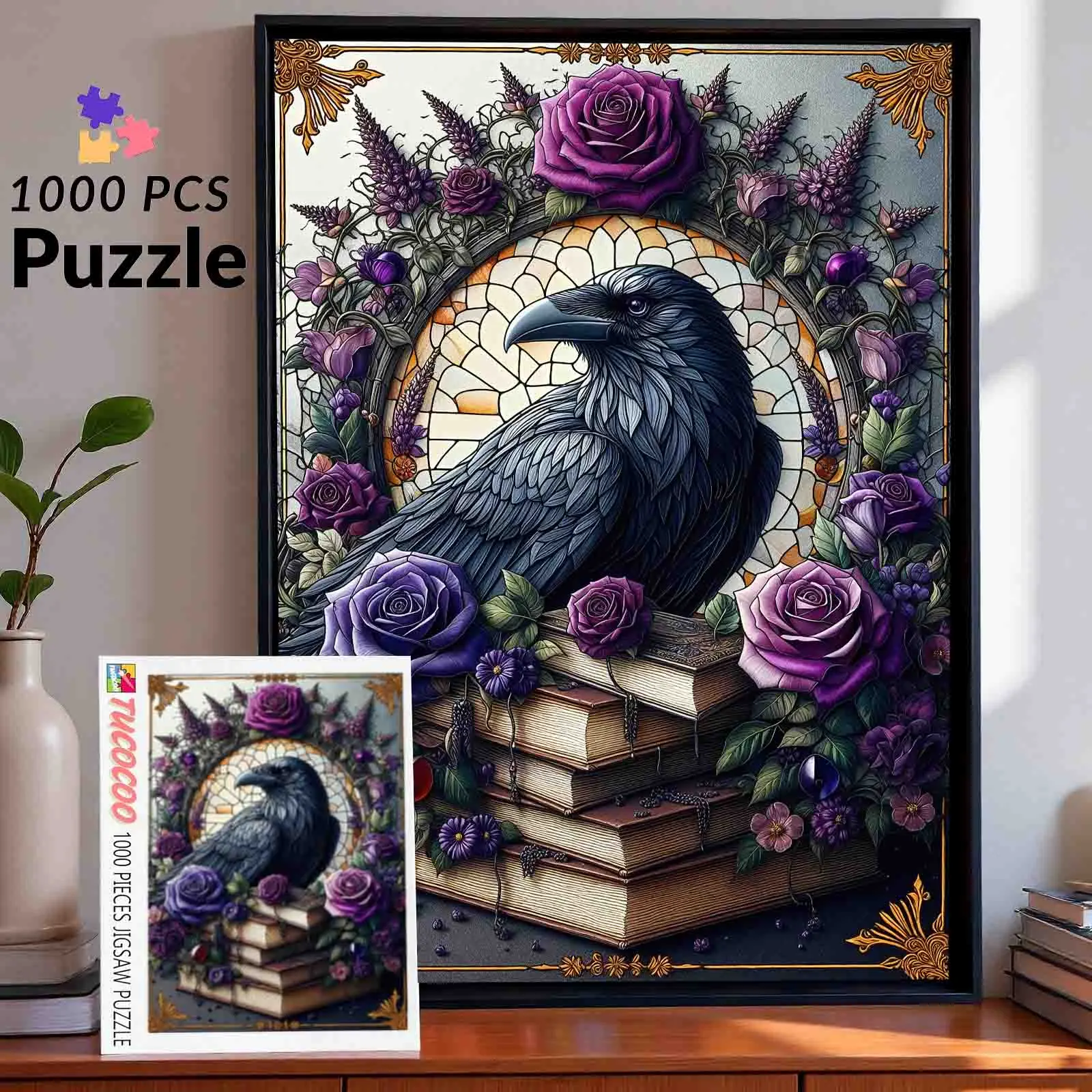 Gothic 1000-Piece Jigsaw Puzzle, Dark Fantasy Library Artwork with Black Crow & Purple Roses, Vintage Books Design, Brain Teaser Puzzles for Adults, Fantasy & Sci-Fi Gift, 27.5x20 Inches/70x50 cm Wall Decor