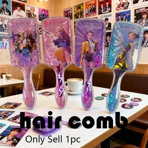 Popular fashion hunting girl's shiny anime flowing sand comb, cushioned exfoliating paddle brush, suitable for dry and wet hair, anti-static massage comb, cute square long handle cartoon design, very practical for daily use and travel