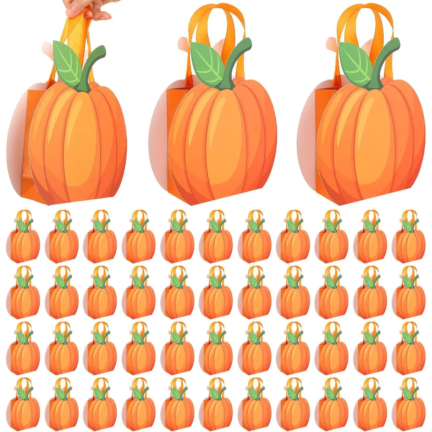 50 Sets Pumpkin Paper  Bags with Handle Pumpkin  Bags Fall Candy Goodies Bags Grocery Shop Bags   Bag for Autumn Harvest Halloween  Shower Thanksgiving Day Party Favors