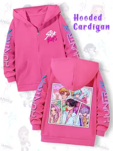 Girls Kpop Demon Hunters Korean Fashion Hoodie, Long Sleeve Cartoon Print Casual Comfortable Loose Zipper Sweatshirt, Spring & Fall Sports Clothing