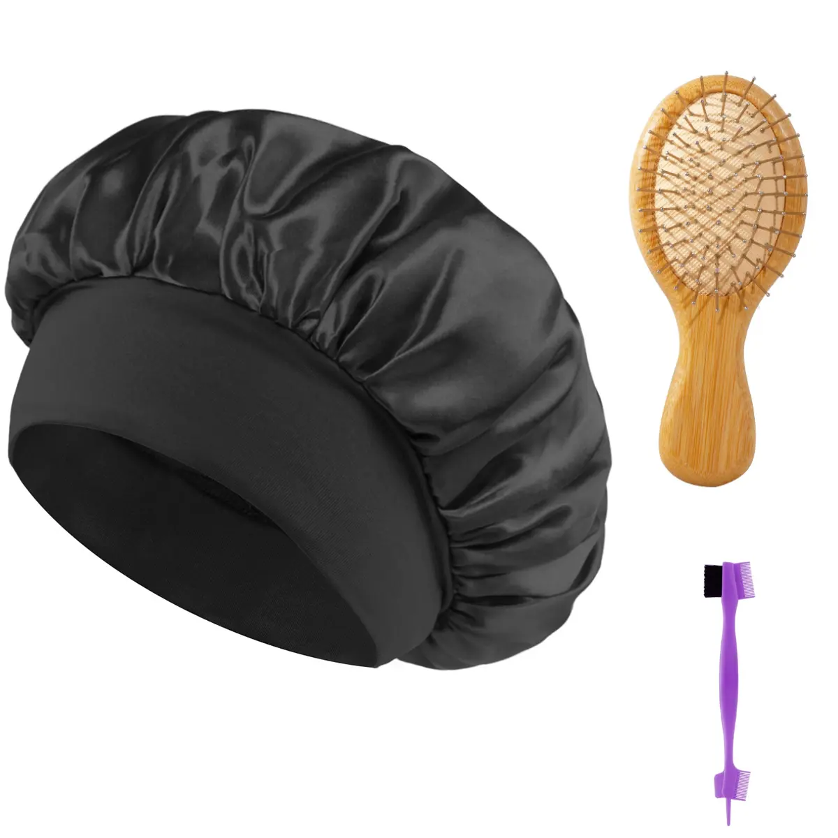 [Wequeen] 3-Piece Essential Hair Care Set – Styling Comb/Brush Options for All Hair Types + Brow Brush + Satin Sleep Bonnet, Curl & Volume Tools Available Random Color