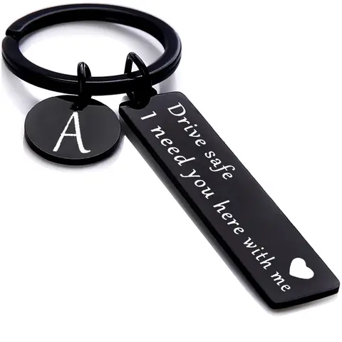 Fathers Day Gift Drive Safe Keychain for Men Initial Letter Personalized Stainless Steel Key Ring for Boyfriend Gift