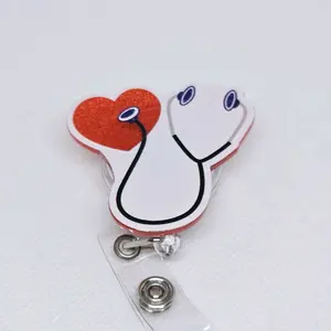 Stethoscope with Red Glitter Heart  Cardiology Retractable Badge Reel Perfect for Nurses hospital worker retractable clip