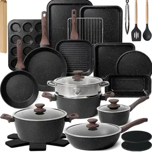 Non Stick 31 Piece Kitchen Cookware Set with Grill Pan Saucepan Baking Sheet Utensils Black Durable Nonstick Pots and Pans