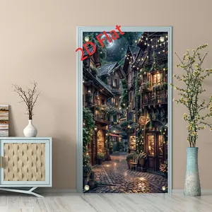 Magic Castle Door Banner, Night Moon Town Street Decoration, Washable PU Fabric, Reusable, Easy Install, 70.87x35.43 Inches, Party Photo Wall Hanging Backdrop
