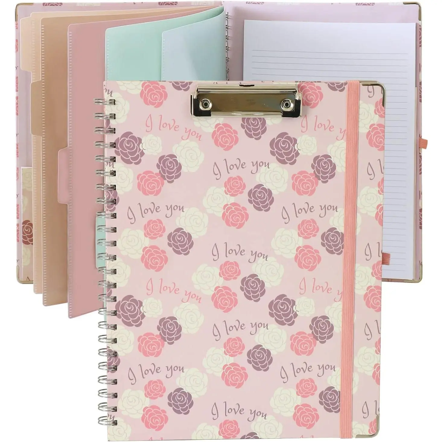 Clipboard Folio Spiral Folder Board,5 Extra Folders with 10 Storage Pockets,Refillable Lined Fillable Notepad,Folded Clipboard with Storage,Suitable for Office,School and Student (Pink Love Flower)