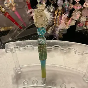Rhinestone Number 5 DIY Pen with Colorful Beads and Decorative Feather Accent