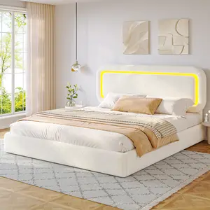 Raybee Luxury Boucle Fabric Full Queen Size Bed Frame, Upholstered LED Platform Bed Frames with Cozy Headboard, Modern Bedroom Furniture, Wood Slats & Metal Frame, Holds 880LBS, No Noise, No Box Spring Needed, Eazy Assembly, Gray, White