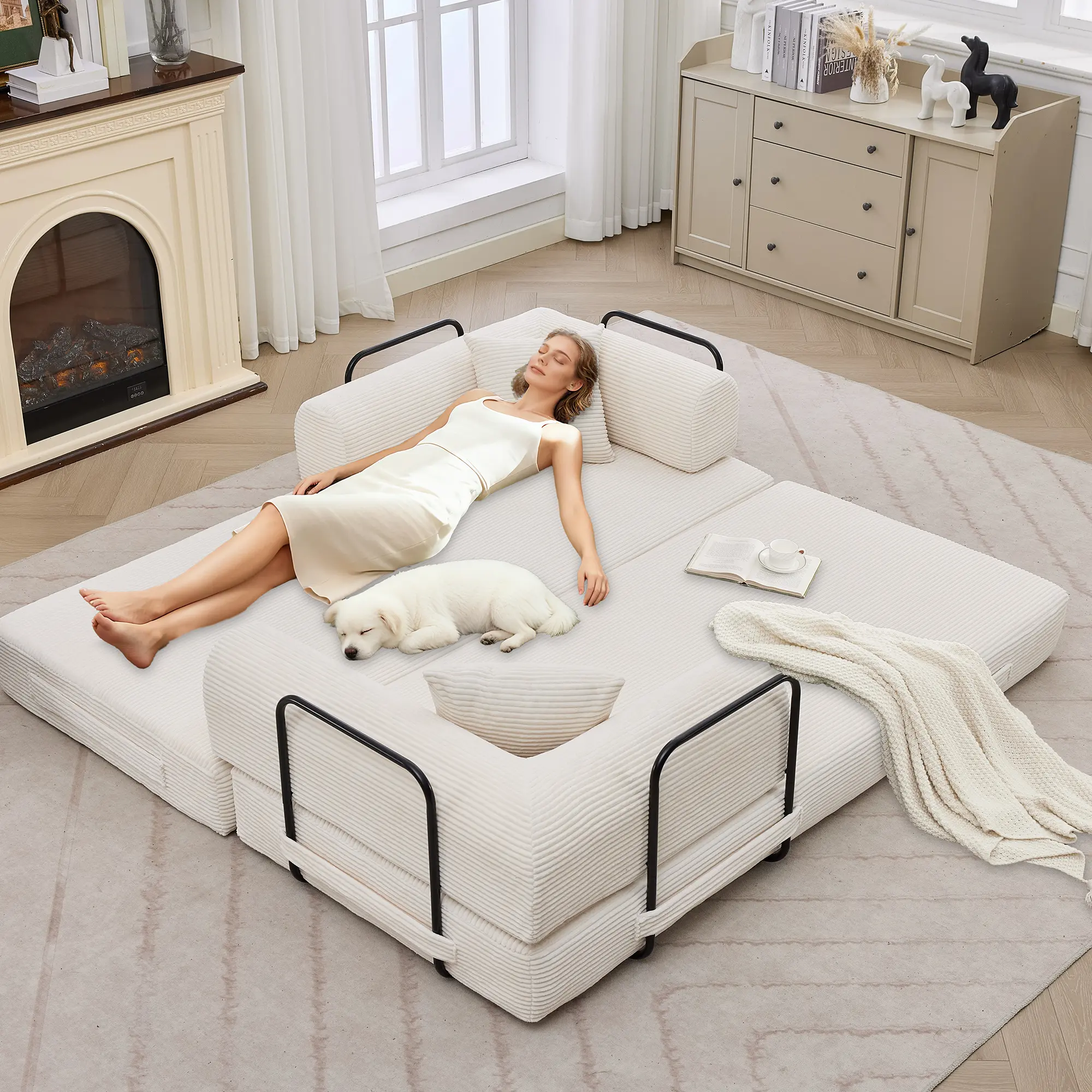 2-in-1 Convertible Sleeper Sofa Bed – Comfy Corduroy Upholstery, Deep Seat, Wide Armrest, No Assembly Required, Space-Saving Floor Couch for Living Room & Apartment