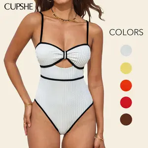 CUPSHE TikTokShopSpringGlowUp 2026 Old Money Aesthetic Ribbed One-Piece Swimsuit | Chic Contrast Piping Knotted Cutout Bathing Suit swimwear | Vintage Nautical Style Monokini for Beach Holiday