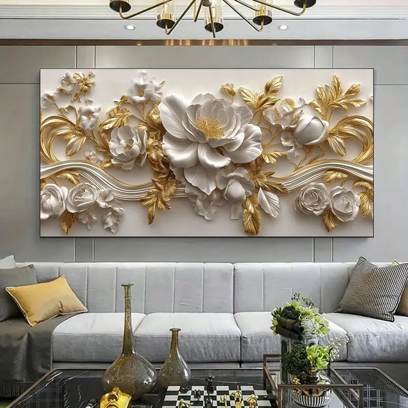 1 piece framed canvas painting - modern white and gold flowers canvas painting art room, modern canvas poster, suitable for living room, bedroom, office decoration