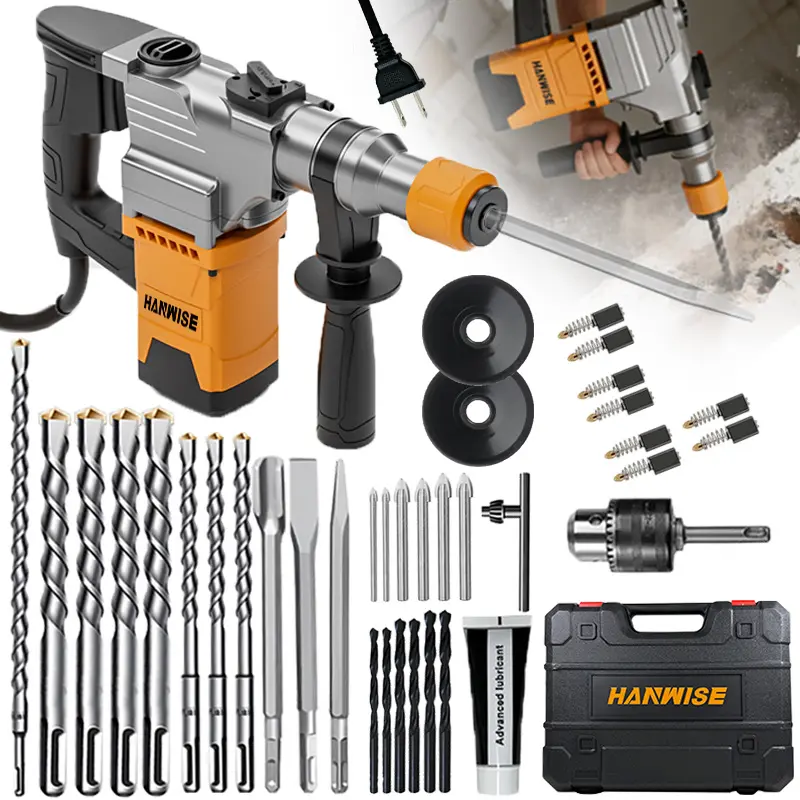HANWISE 1200W SDS-Plus Rotary Hammer Drill with Electric Hammer/Drill/Pickaxe, 7.4J Impact Energy, 850RPM, Anti-Vibration & 360° Rotatable Handle, Heavy Duty Concrete/Masonry Drilling & Chiseling Tool