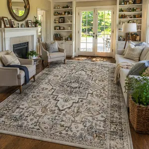 YIHOUSE Washable Neutral Area Rug, Large Vintage Living Room Rug, Non-Slip, Stain-Resistant & Soft, Ideal for Living Room, Bedroom, Dining Room, Nursery. Boho Runner Rug