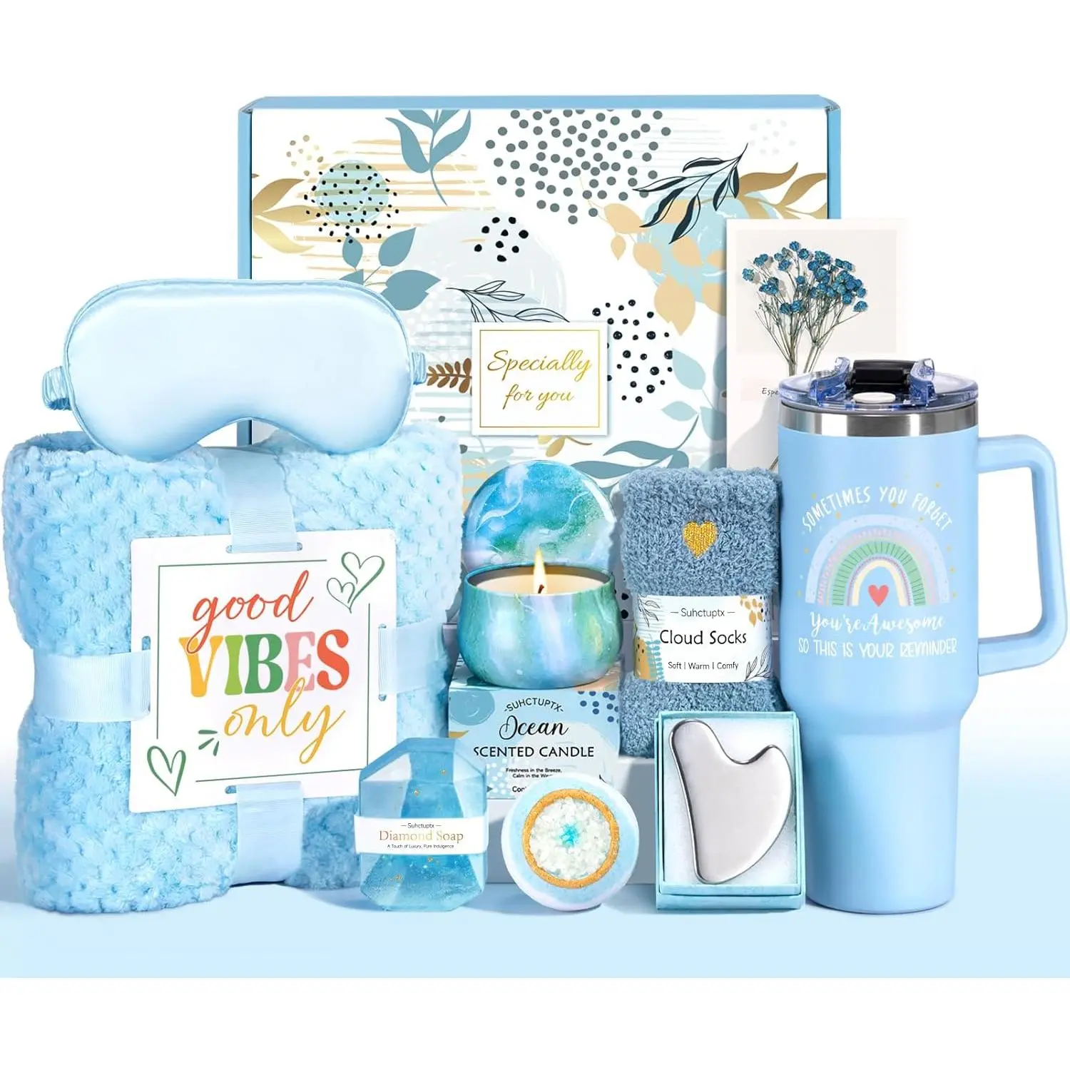 Birthday Gifts for Women, Unique Self Care Gifts Get Well Soon Basket, Christmas Relaxing Spa Gift Care Package w/Flannel Blanket 40 oz Tumbler, for Mom He