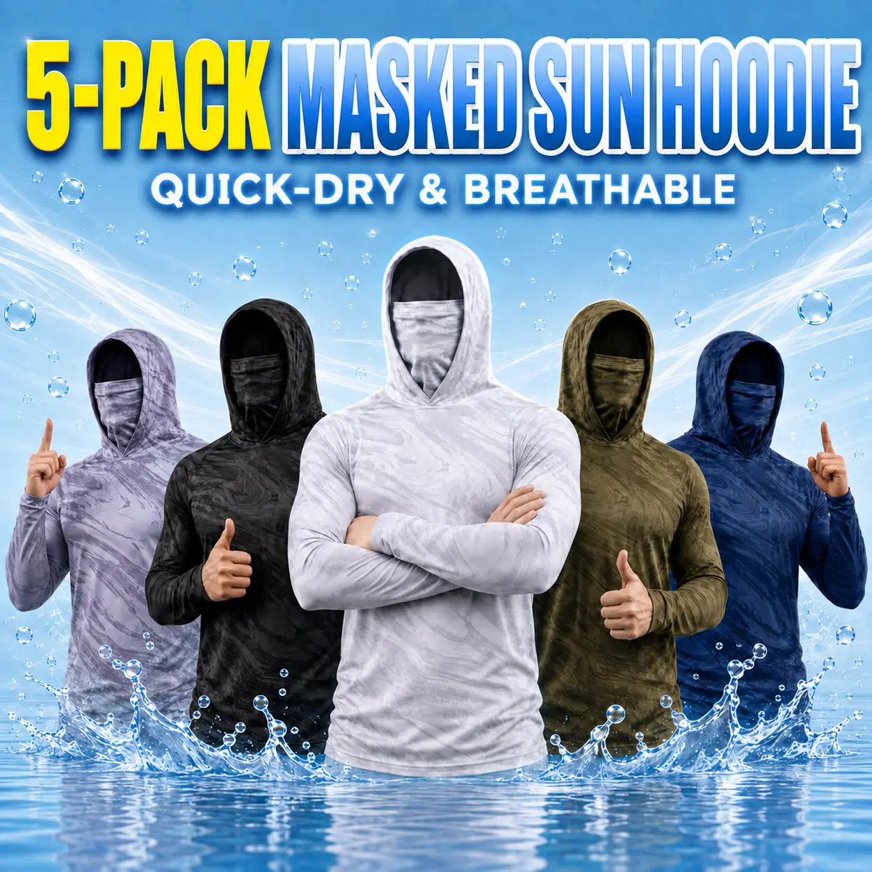 Men's 5-Piece Sun Protection Hoodie Pack - Camouflage Long Sleeve Hooded Shirts with Built-in Balaclava Mask, Polyester Breathable Tactical Tops for Hiking/Cycling, Machine Washable Male Outdoor Clothing