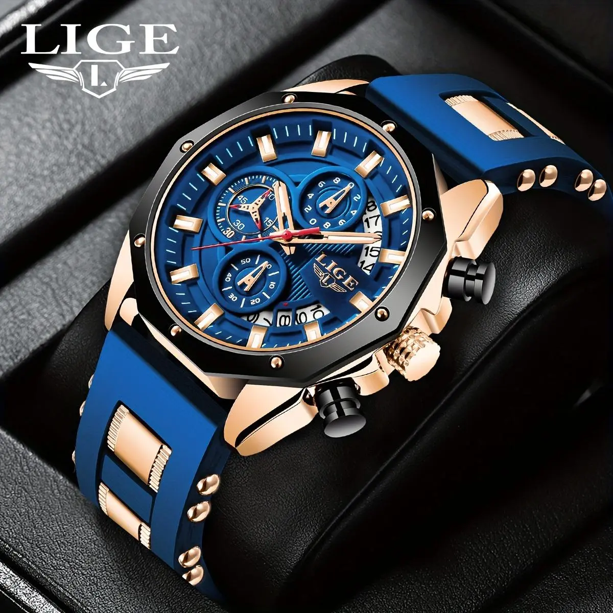 LIGE Men's Analog Quartz Watch - 46mm Fashion Outdoor Sport Chronograph, Silicone Band, Luminous Hands, Mineral Glass, 30M Water Resistant, Round Face, Men's Accessories, Unique Gifts for Him